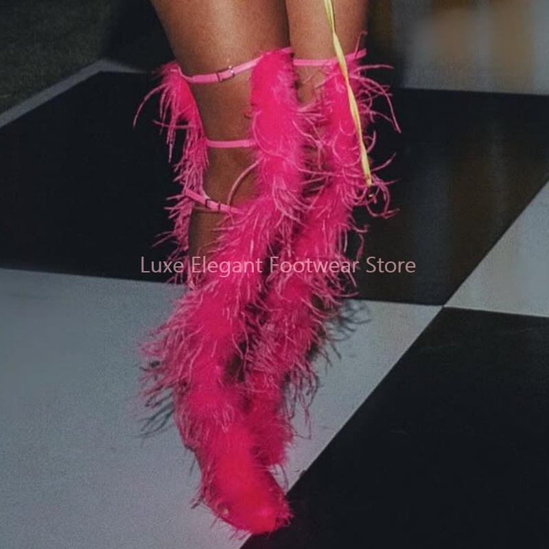 Pink Feather Strappy Hollow Bu - Sandal Strappy Heeled 评论和价格