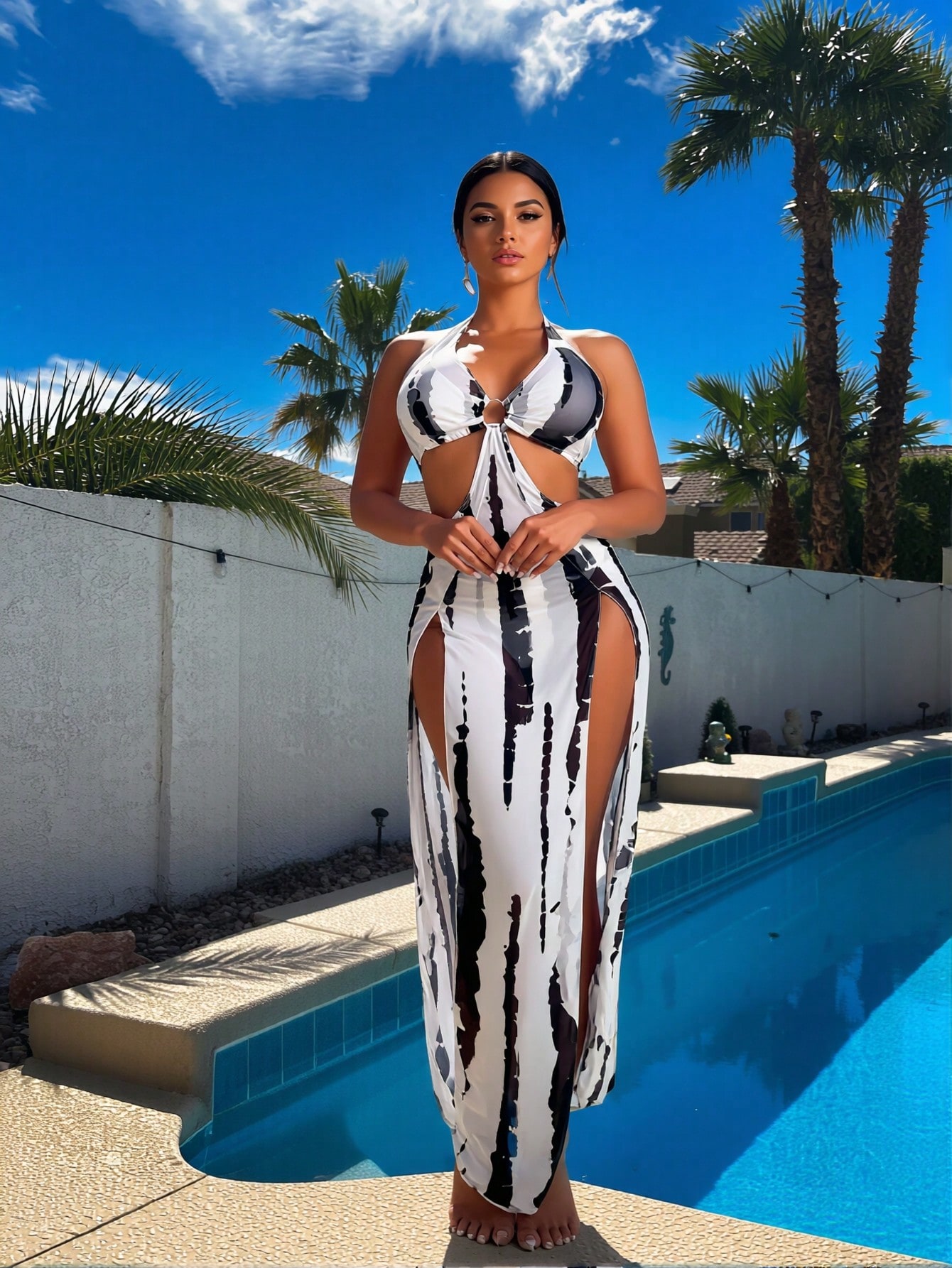 New Black White Tie Dye 3 Piec - Maxi Dress Halter 评论和价格