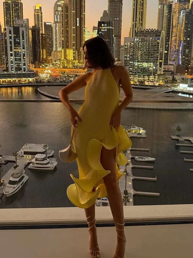 Women Elegant Yellow Halter Ma - Maxi Dress Halter 评论和价格